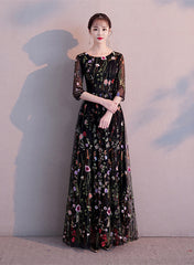 Black A-line Floral Tulle Prom Dress Party Dress, Black Evening Formal Dress