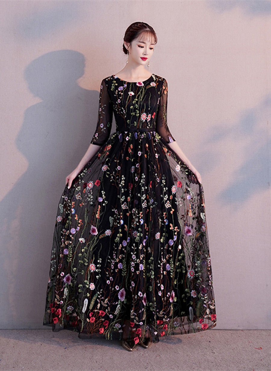 Black A-line Floral Tulle Prom Dress Party Dress, Black Evening Formal Dress