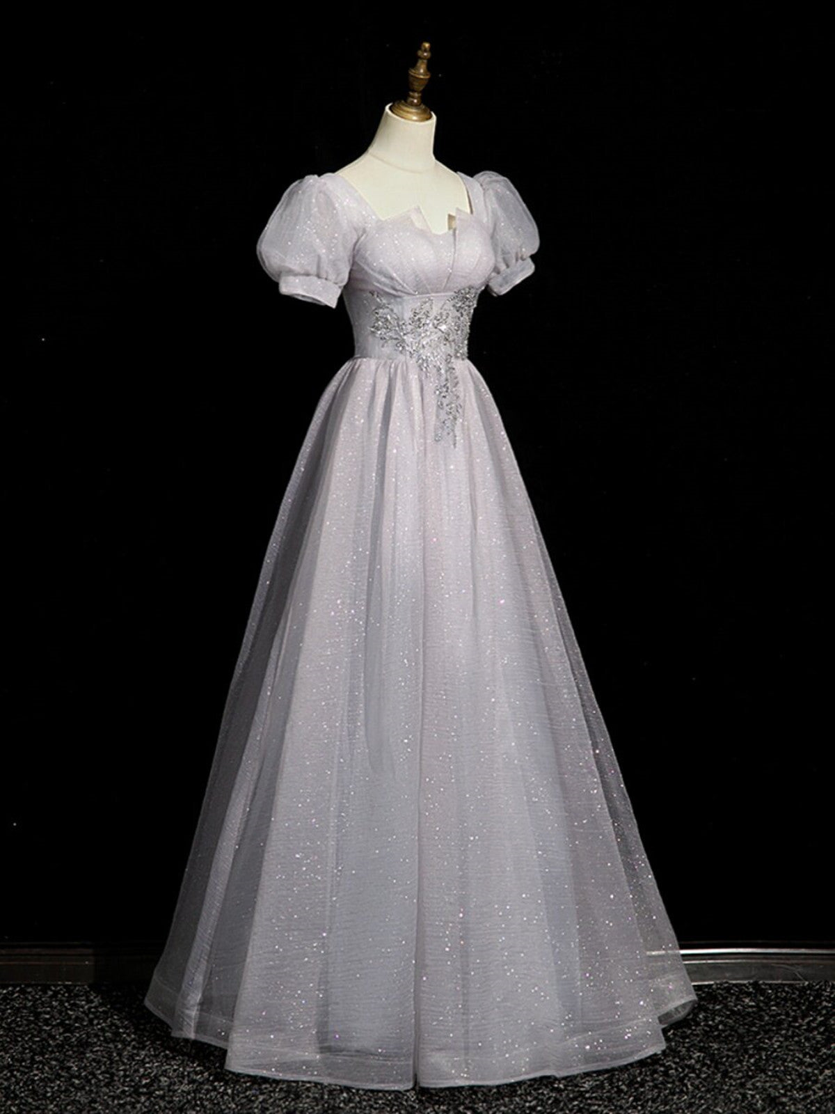 A-line Light Grey Short Sleeves Long Party Dress, Sweetheart Chic Prom Dress Evening Dress
