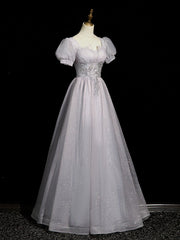 A-line Light Grey Short Sleeves Long Party Dress, Sweetheart Chic Prom Dress Evening Dress