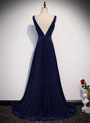 A-line Navy Blue V-neckline Long Party Dress, Navy Blue Long Prom Dress