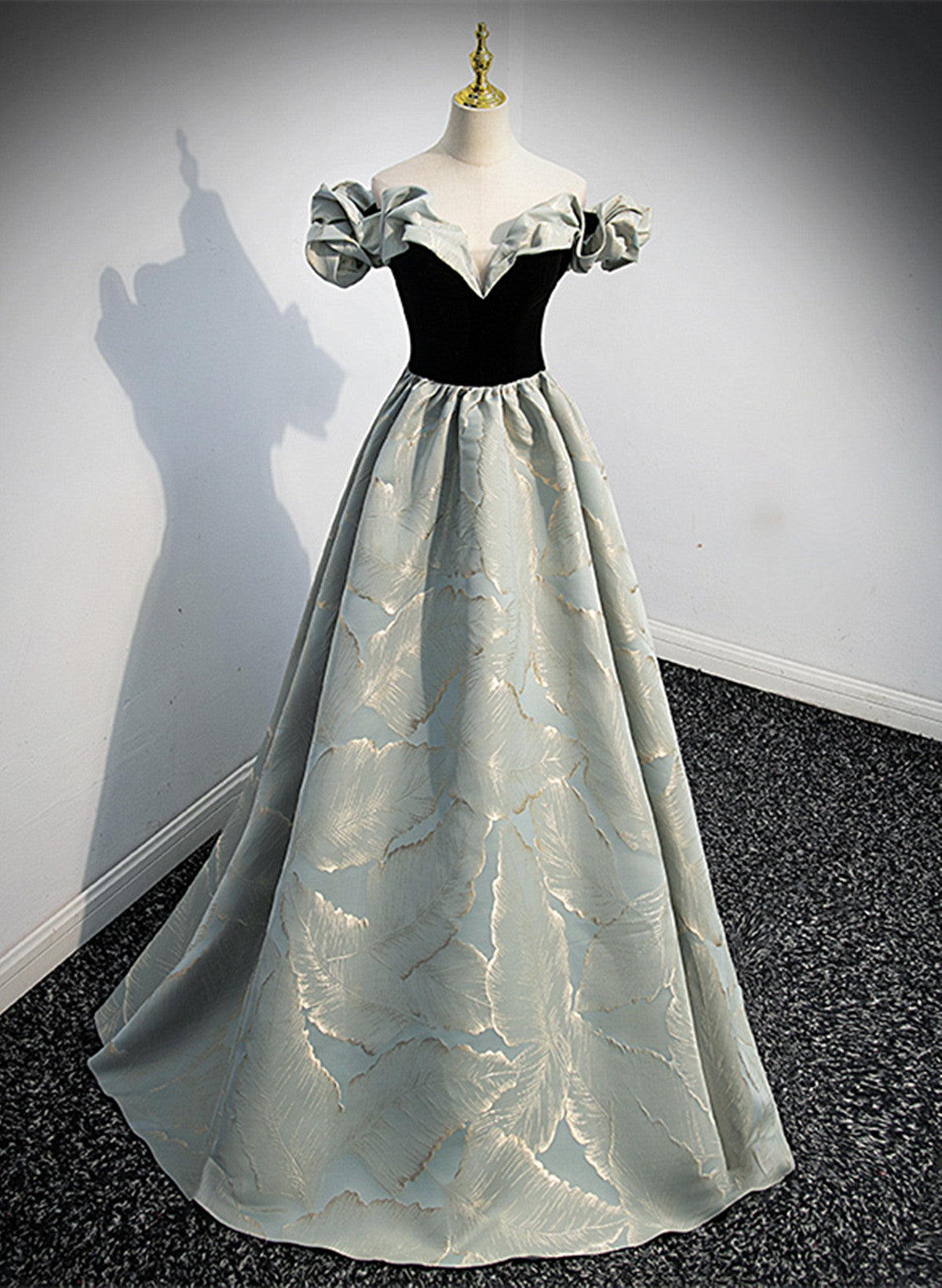A-line Blue Grey Satin Sweetheart Off Shoulder Prom Dress, Long Evening Dress