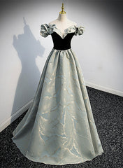 A-line Blue Grey Satin Sweetheart Off Shoulder Prom Dress, Long Evening Dress