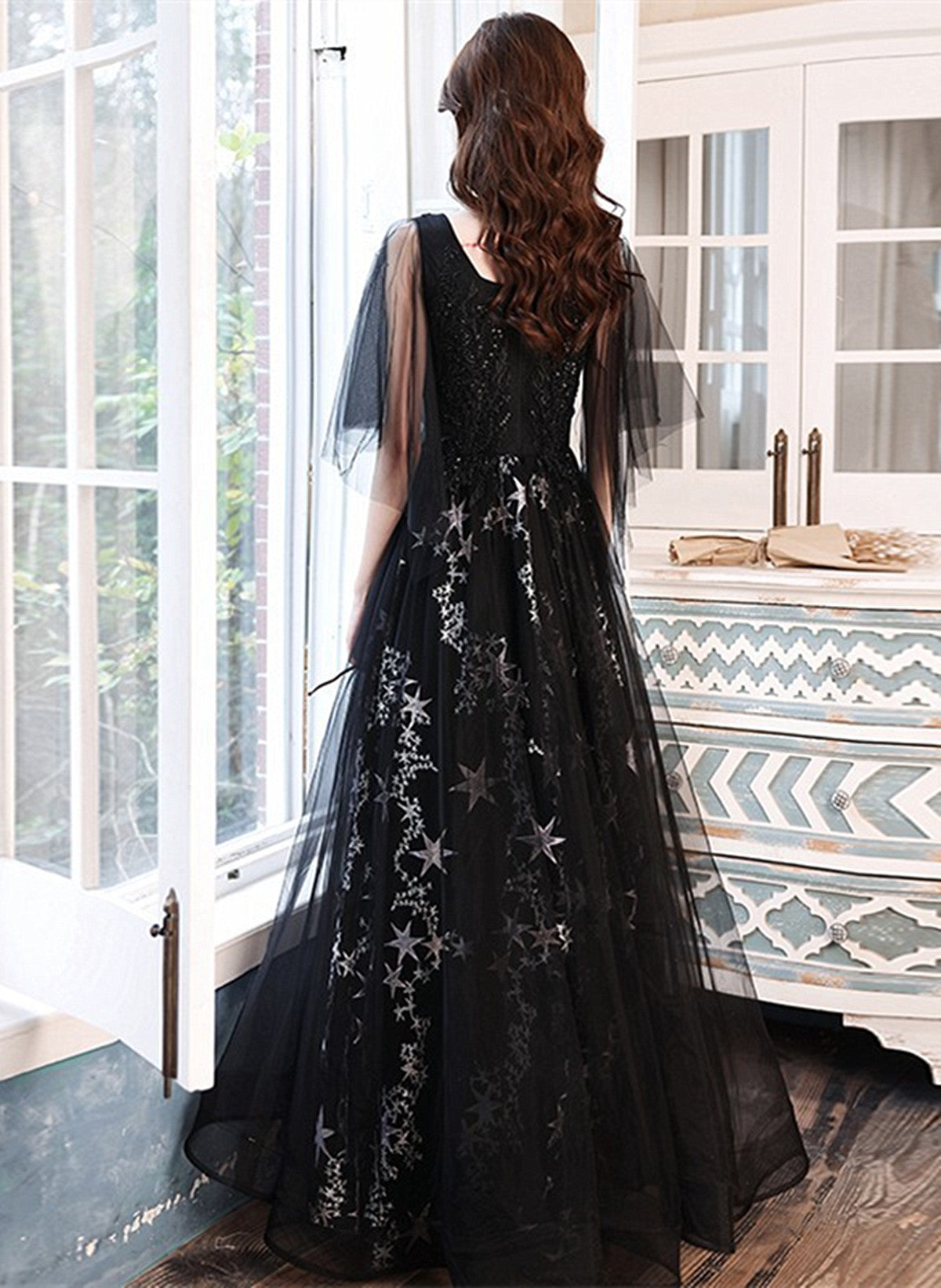 Black Beaded Straps A-line Floor Length Party Dress, Black Tulle Long Prom Dress