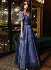 A-line Navy Blue Tulle Short Sleeves Long Party Dress, Navy Blue Prom Dress