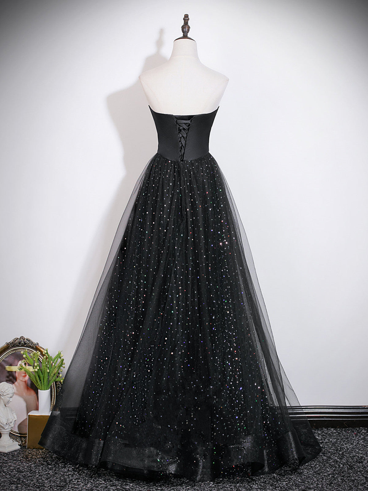 A-line Black Strapless Long Party Dress, Black Sweetheart Wedding Party Dress