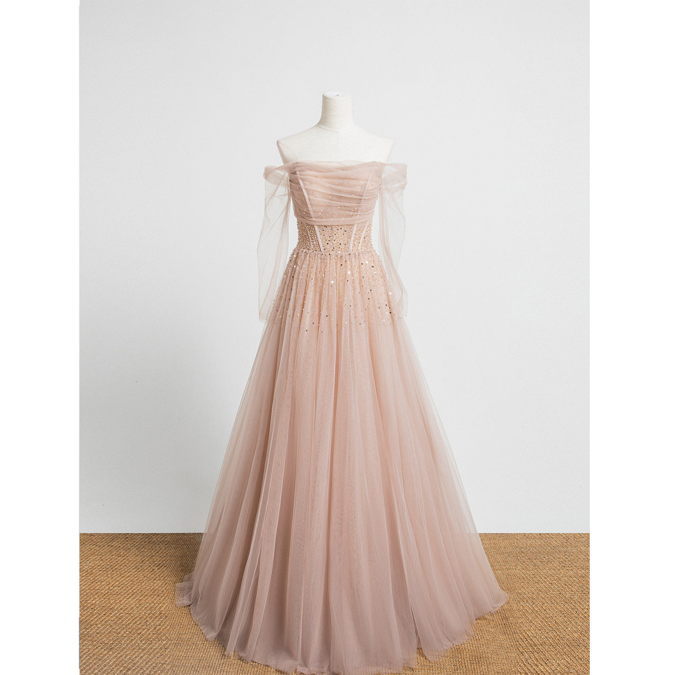 Beautiful Tulle Beaded Long Sleeves Prom Dresses, A-line Champagne Evening Gown