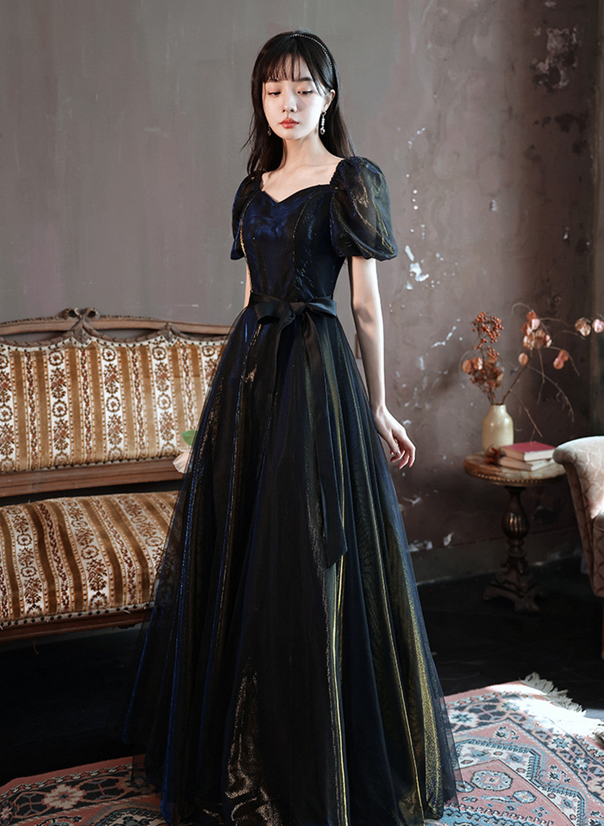 Black A-line Short Sleeves Tulle Long Formal Dress, Black Evening Dress Prom Dress