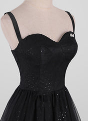 Black A-line Tulle Straps Simple Long Prom Dress, Black Evening Dress Party Dress