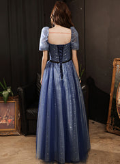 A-line Navy Blue Tulle Short Sleeves Long Party Dress, Navy Blue Prom Dress