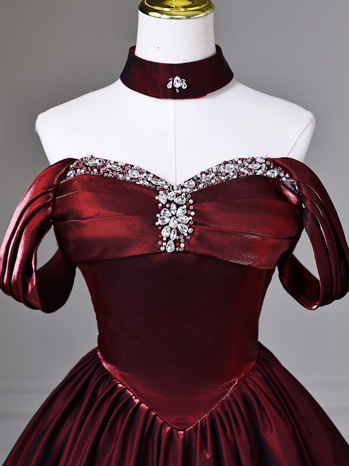 A-line Satin Beaded Sweetheart Off Shoulder Prom Dress, Wine Red Long Quinceanera Dresses