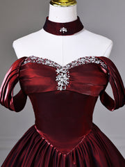 A-line Satin Beaded Sweetheart Off Shoulder Prom Dress, Wine Red Long Quinceanera Dresses