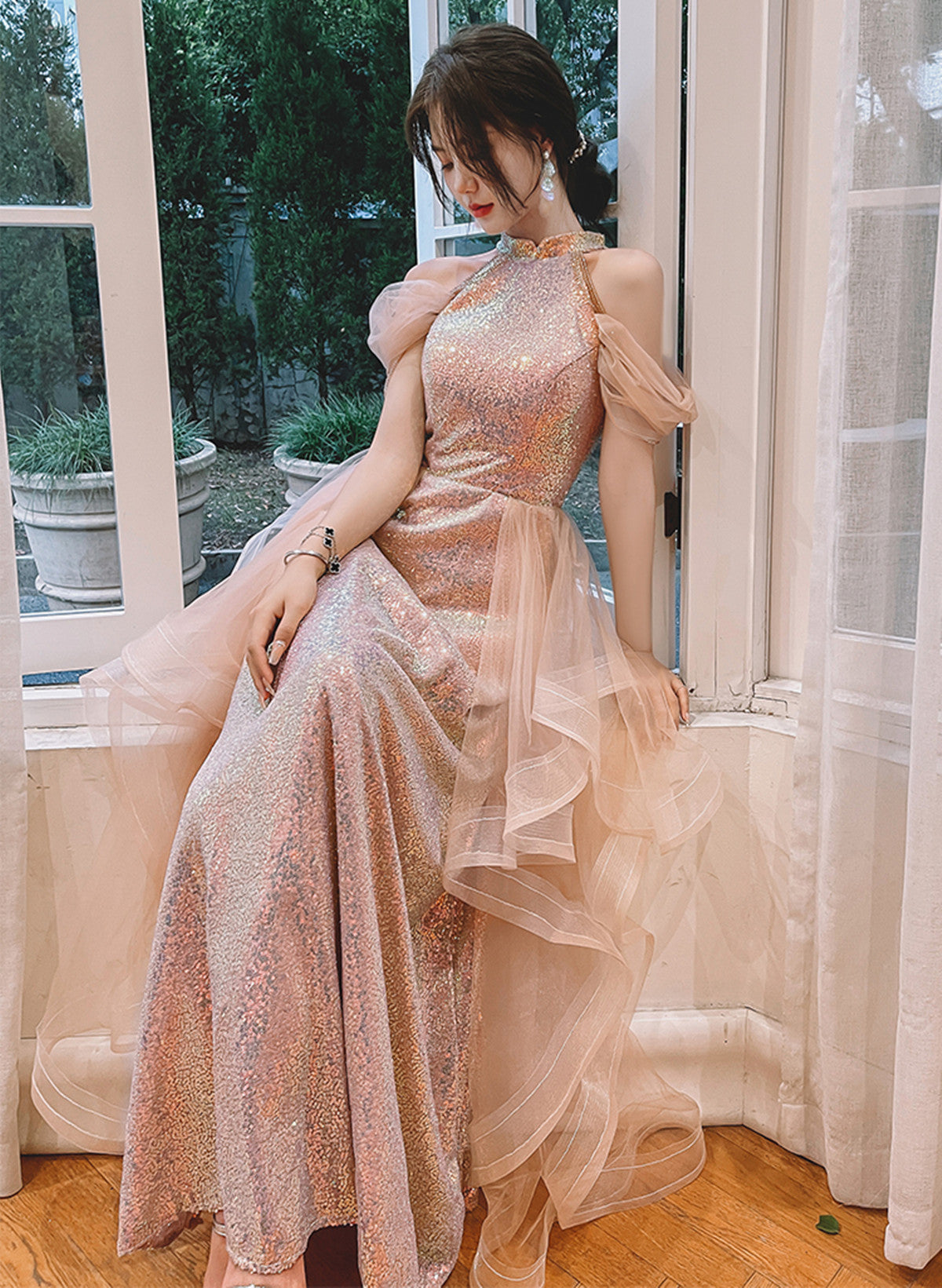 A-line Sequins and Tulle Pink Long Evening Dress, Pink Tulle Prom Dress