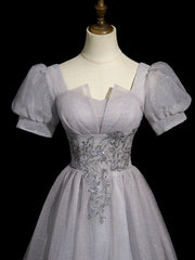 A-line Light Grey Short Sleeves Long Party Dress, Sweetheart Chic Prom Dress Evening Dress
