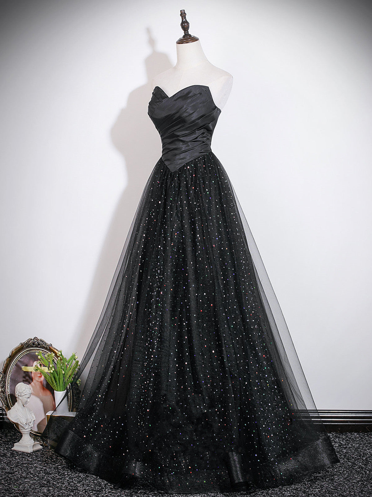 A-line Black Strapless Long Party Dress, Black Sweetheart Wedding Party Dress