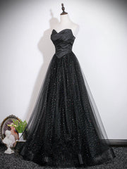 A-line Black Strapless Long Party Dress, Black Sweetheart Wedding Party Dress