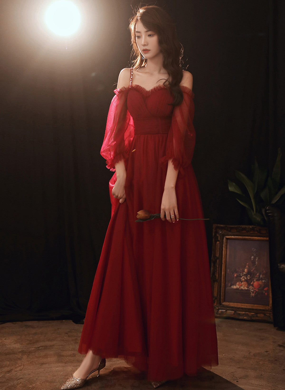 A-line Wine Red Beaded Straps Tulle Prom Dress, Wine Red Long Evening Dress