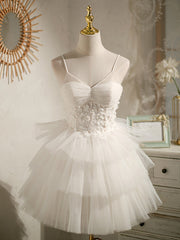 Beautiful White Tulle Short Straps Party Dress Graduation Dresses, White Formal Dresses