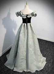 A-line Blue Grey Satin Sweetheart Off Shoulder Prom Dress, Long Evening Dress