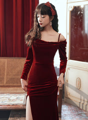 Beautiful Wine Red Velvet Off Shoulder Party Dress, Mermaid Long Prom Dress Evening Dress