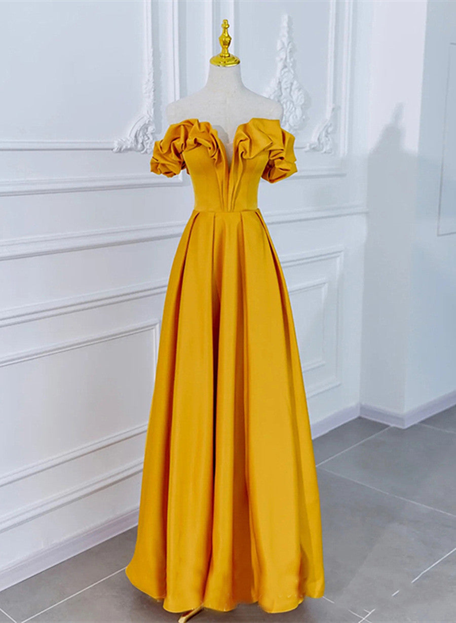 Beautiful Satin Dark Yellow Off Shoulder Party Dress, A-line Satin Prom Dress