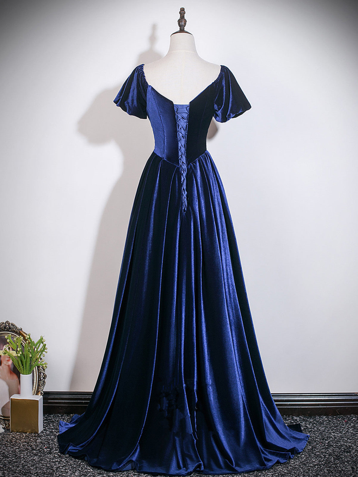 A-line Navy Blue Velvet Evening Gown, Elegant Puff Sleeve A-Line Prom Dress with Beaded Bodice
