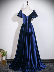 A-line Navy Blue Velvet Evening Gown, Elegant Puff Sleeve A-Line Prom Dress with Beaded Bodice