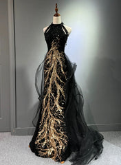 Black Halter Sequins Long Party Dress with God Lace, Black Long Evening Dress