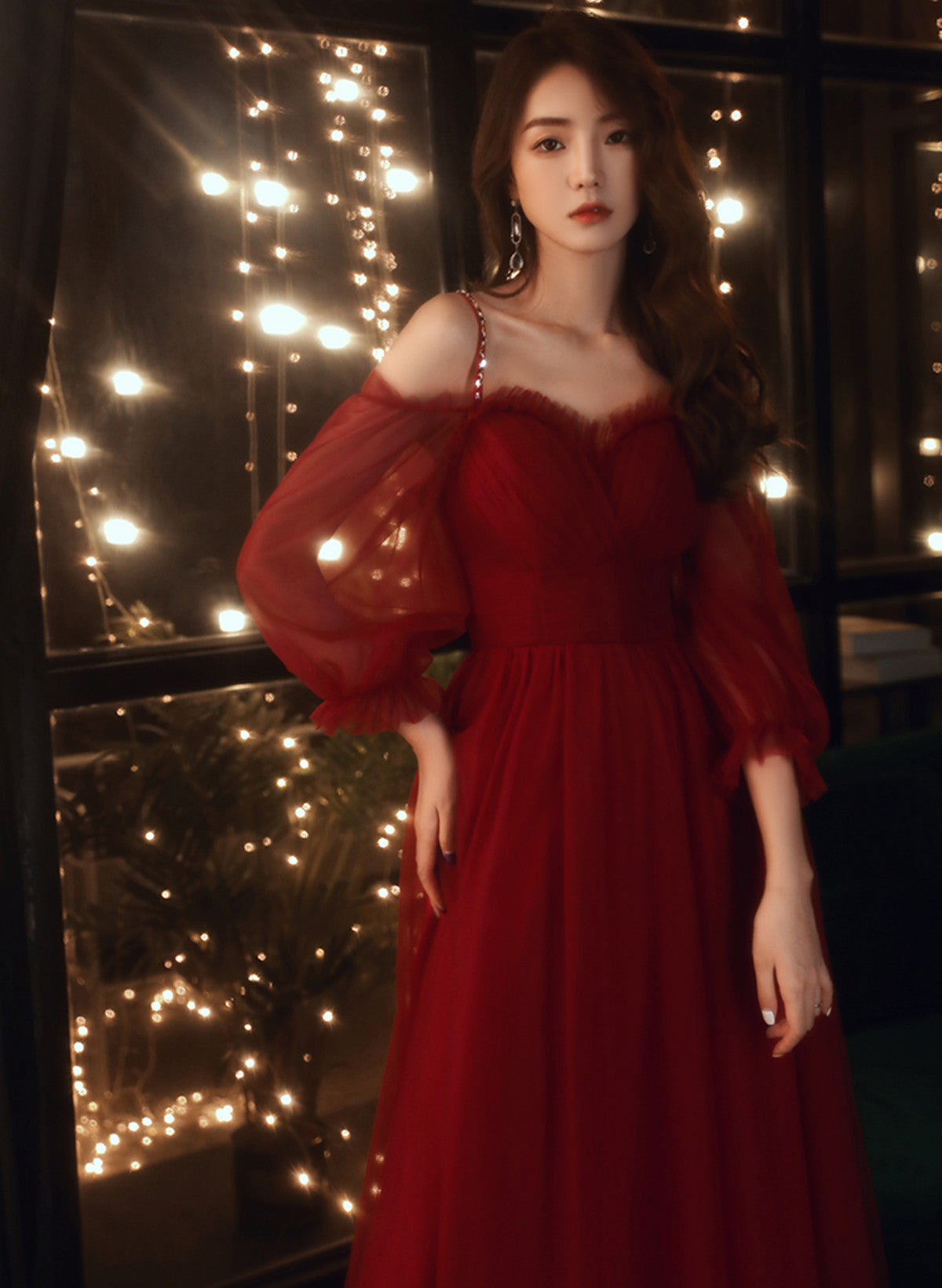 A-line Wine Red Beaded Straps Tulle Prom Dress, Wine Red Long Evening Dress