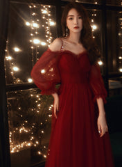 A-line Wine Red Beaded Straps Tulle Prom Dress, Wine Red Long Evening Dress