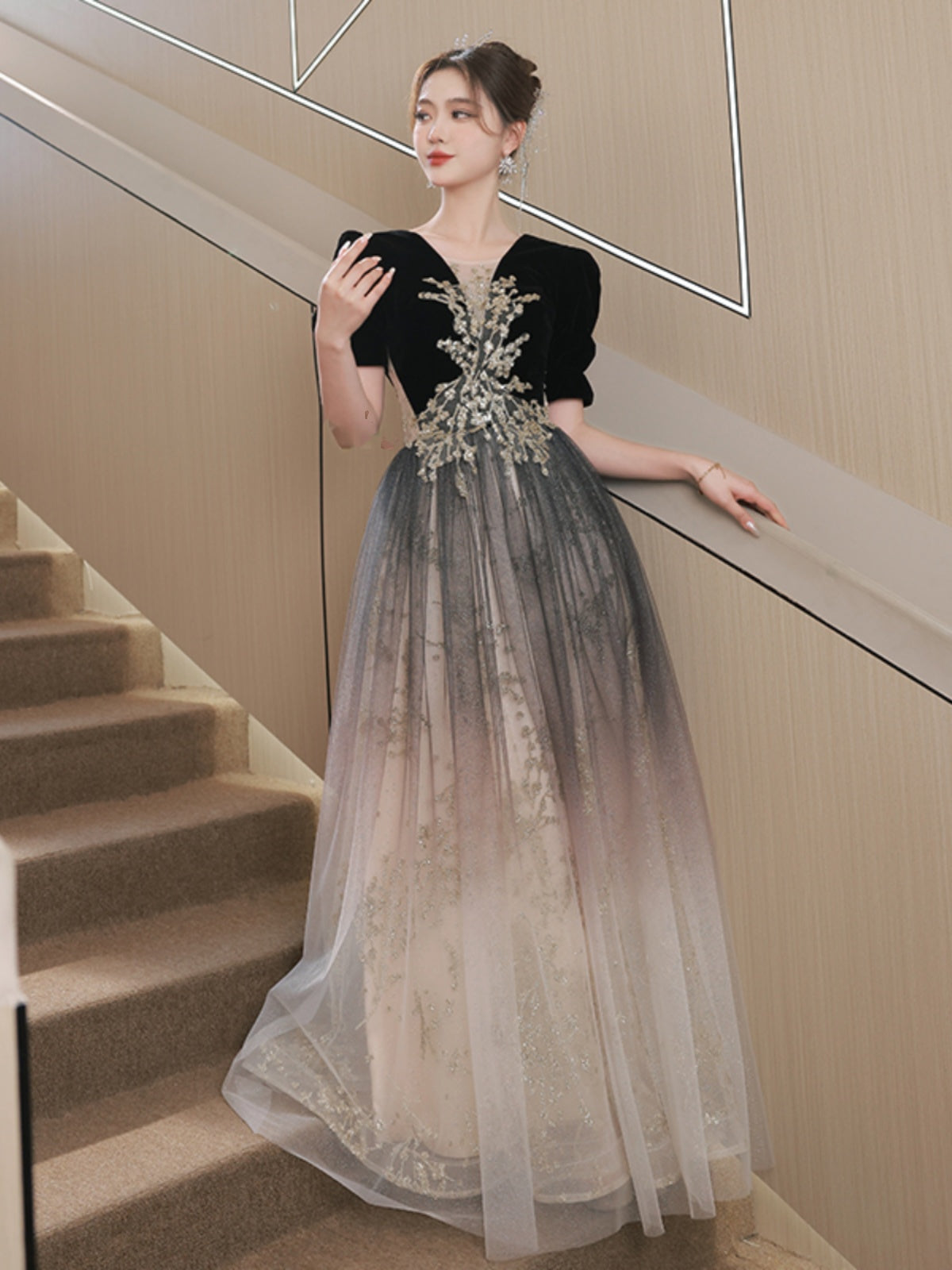 Black Gradient Tulle and Velvet Short Sleeves Party Dress, A-line Tulle Long Formal Dress