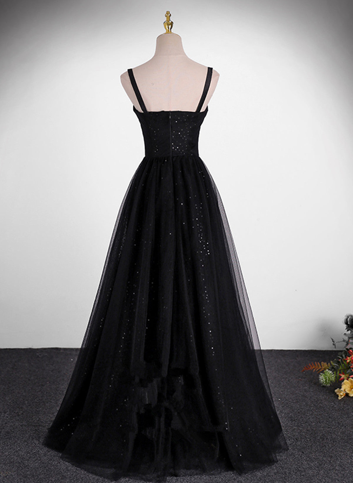 Black A-line Tulle Straps Simple Long Prom Dress, Black Evening Dress Party Dress