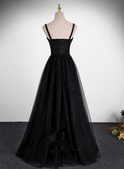 Black A-line Tulle Straps Simple Long Prom Dress, Black Evening Dress Party Dress