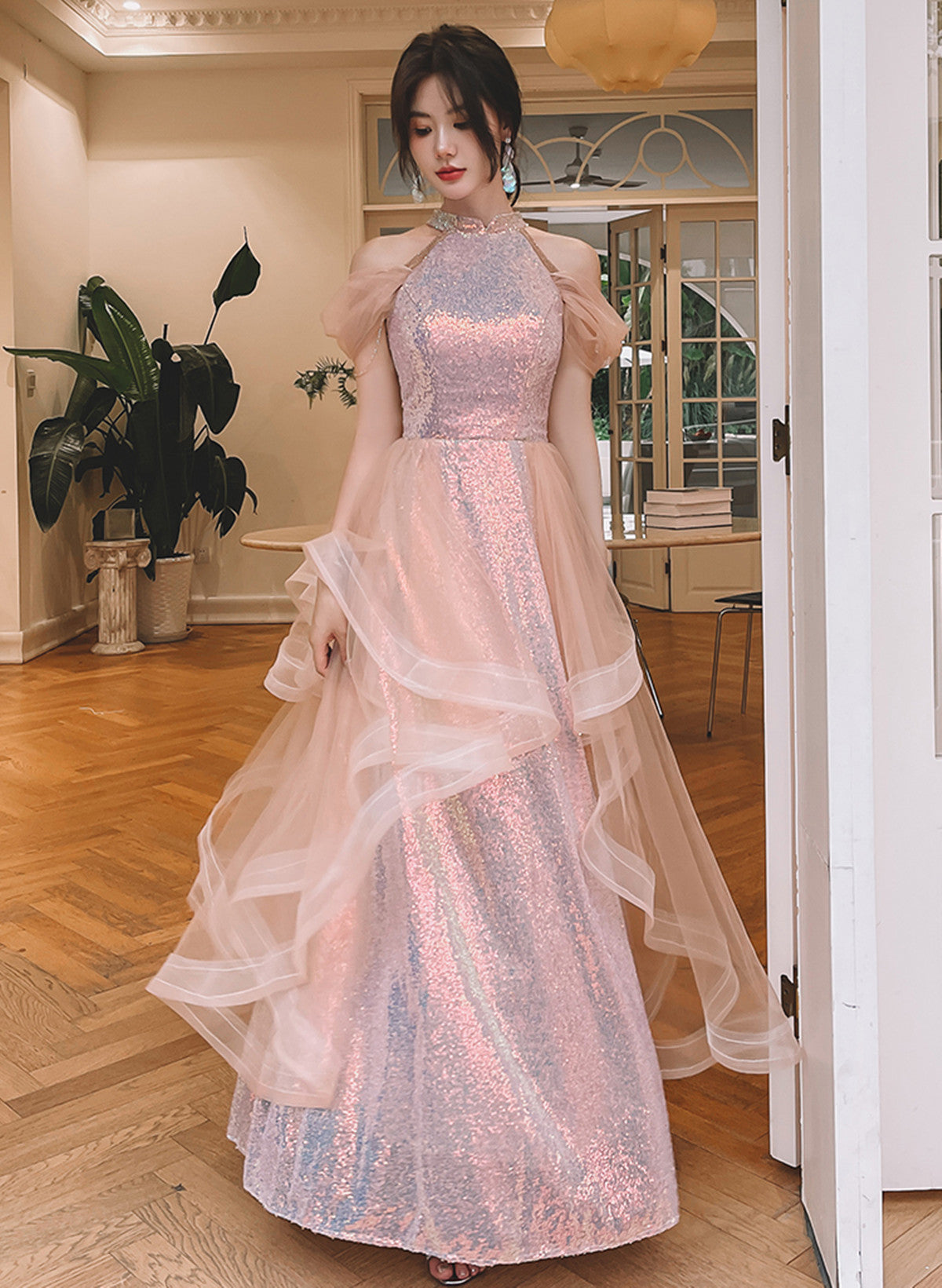 A-line Sequins and Tulle Pink Long Evening Dress, Pink Tulle Prom Dress