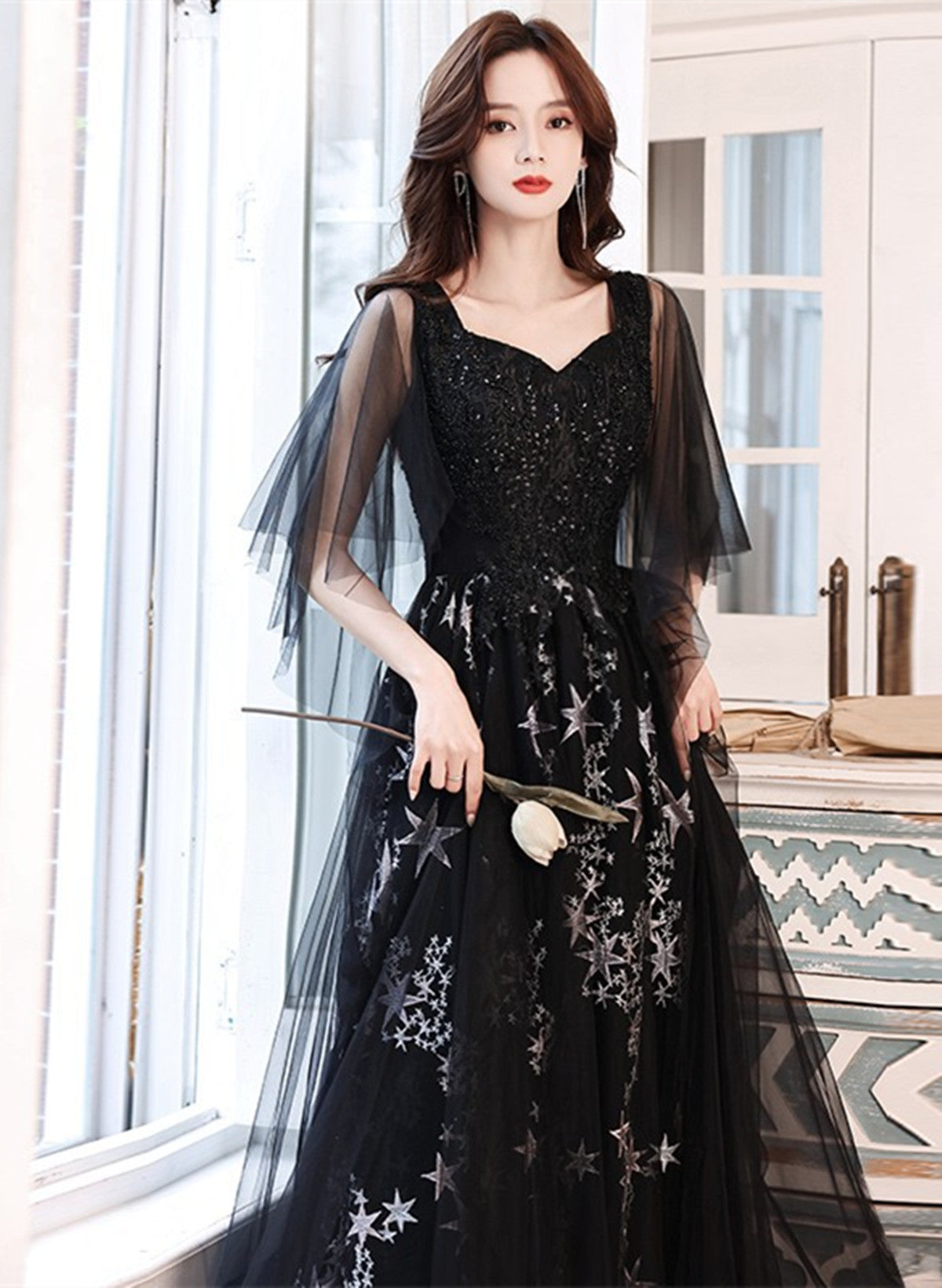 Black Beaded Straps A-line Floor Length Party Dress, Black Tulle Long Prom Dress