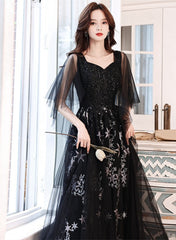 Black Beaded Straps A-line Floor Length Party Dress, Black Tulle Long Prom Dress