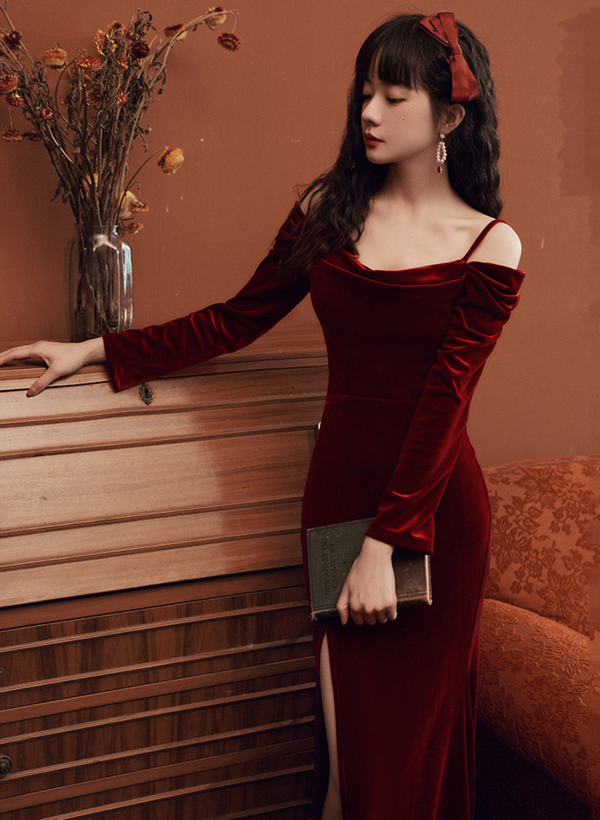 Beautiful Wine Red Velvet Off Shoulder Party Dress, Mermaid Long Prom Dress Evening Dress