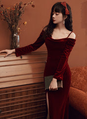 Beautiful Wine Red Velvet Off Shoulder Party Dress, Mermaid Long Prom Dress Evening Dress