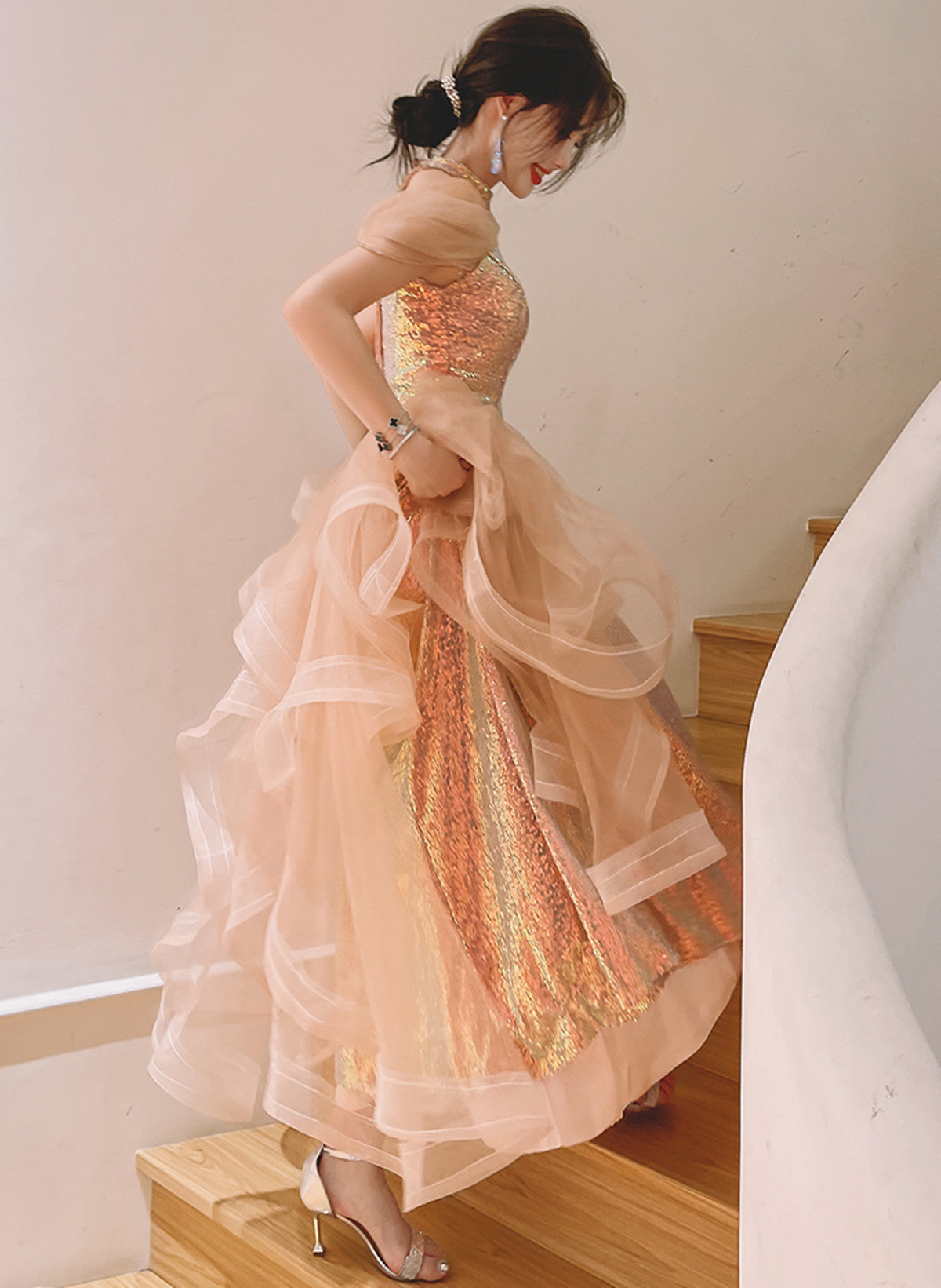 A-line Sequins and Tulle Pink Long Evening Dress, Pink Tulle Prom Dress