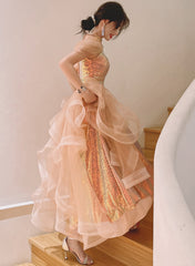 A-line Sequins and Tulle Pink Long Evening Dress, Pink Tulle Prom Dress