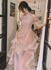 A-line Sequins and Tulle Pink Long Evening Dress, Pink Tulle Prom Dress