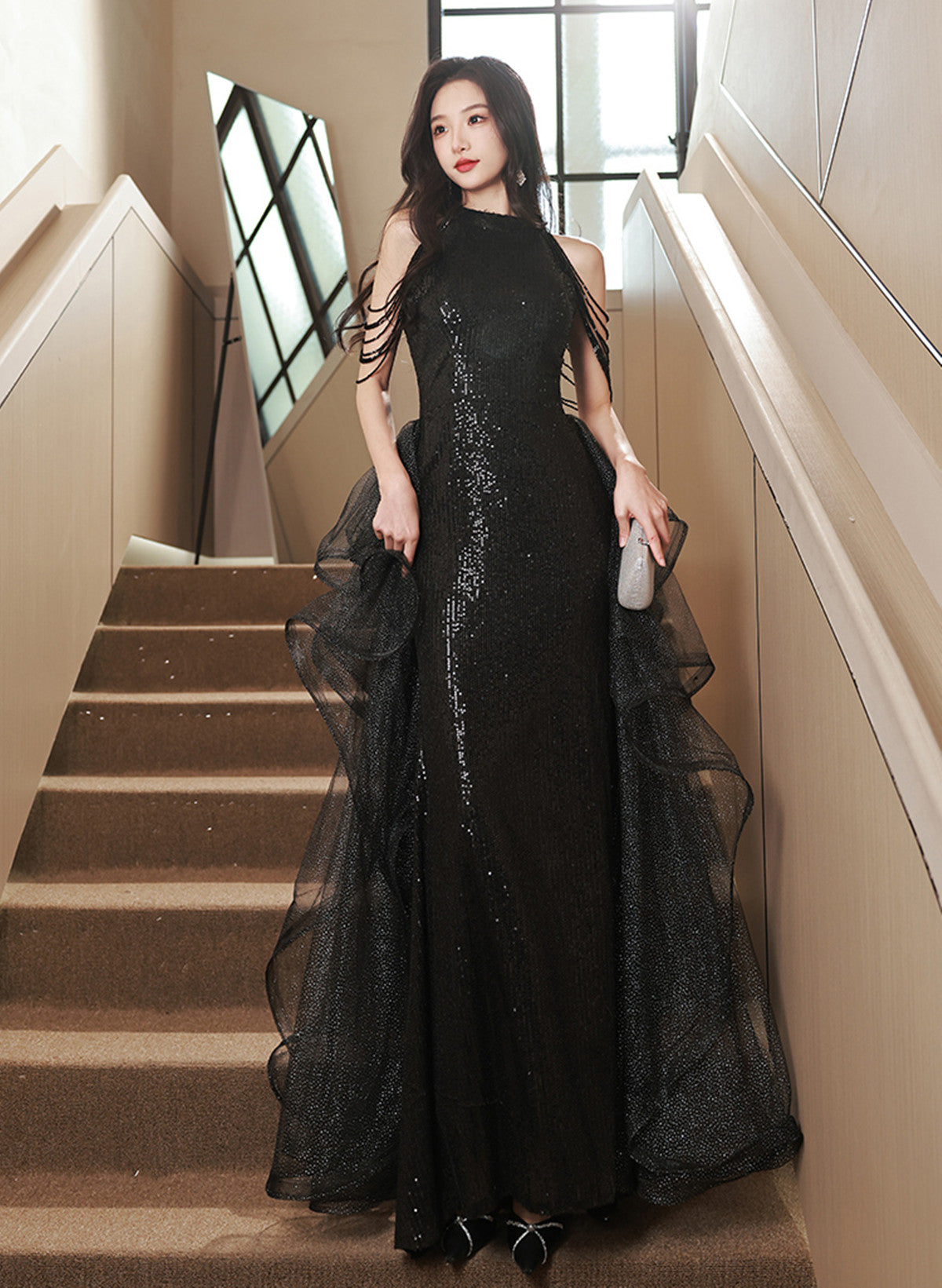 Black Halter Sequins and Tulle Long Party Dress, Black Chic Party Dress Prom Dress
