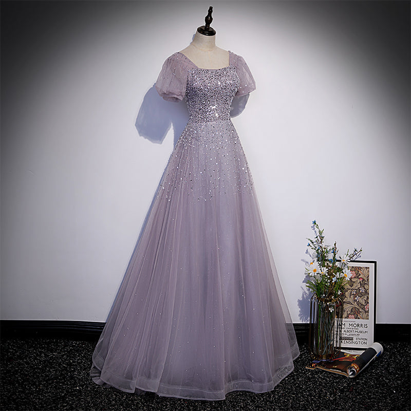 Beautiful Light Purple Sequins Short Sleeves Party Dress, Purple Formal Dresses
