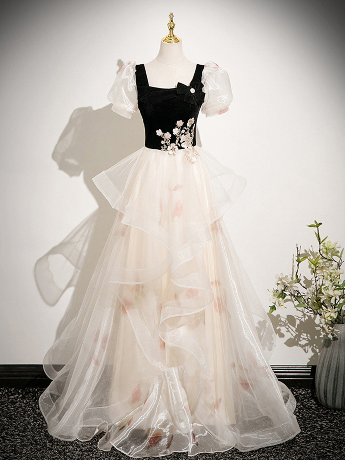 A-line Tulle and Velvet Short Sleeves Party Dress, Long Tulle Scoop Evening Dress