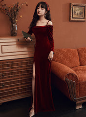Beautiful Wine Red Velvet Off Shoulder Party Dress, Mermaid Long Prom Dress Evening Dress