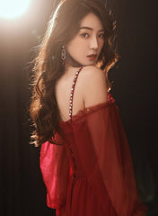 A-line Wine Red Beaded Straps Tulle Prom Dress, Wine Red Long Evening Dress