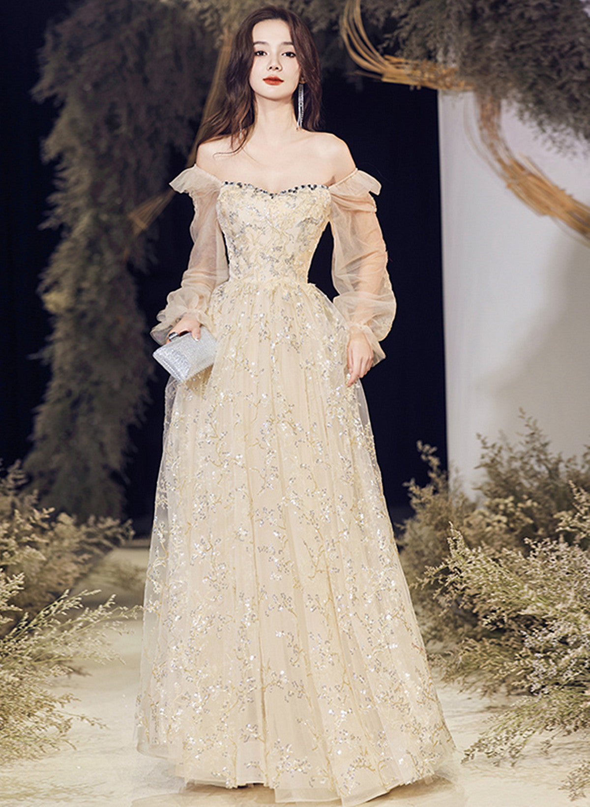 A-line Champagne Tulle Long Evening Dress Party Dress, Champagne Prom Dress