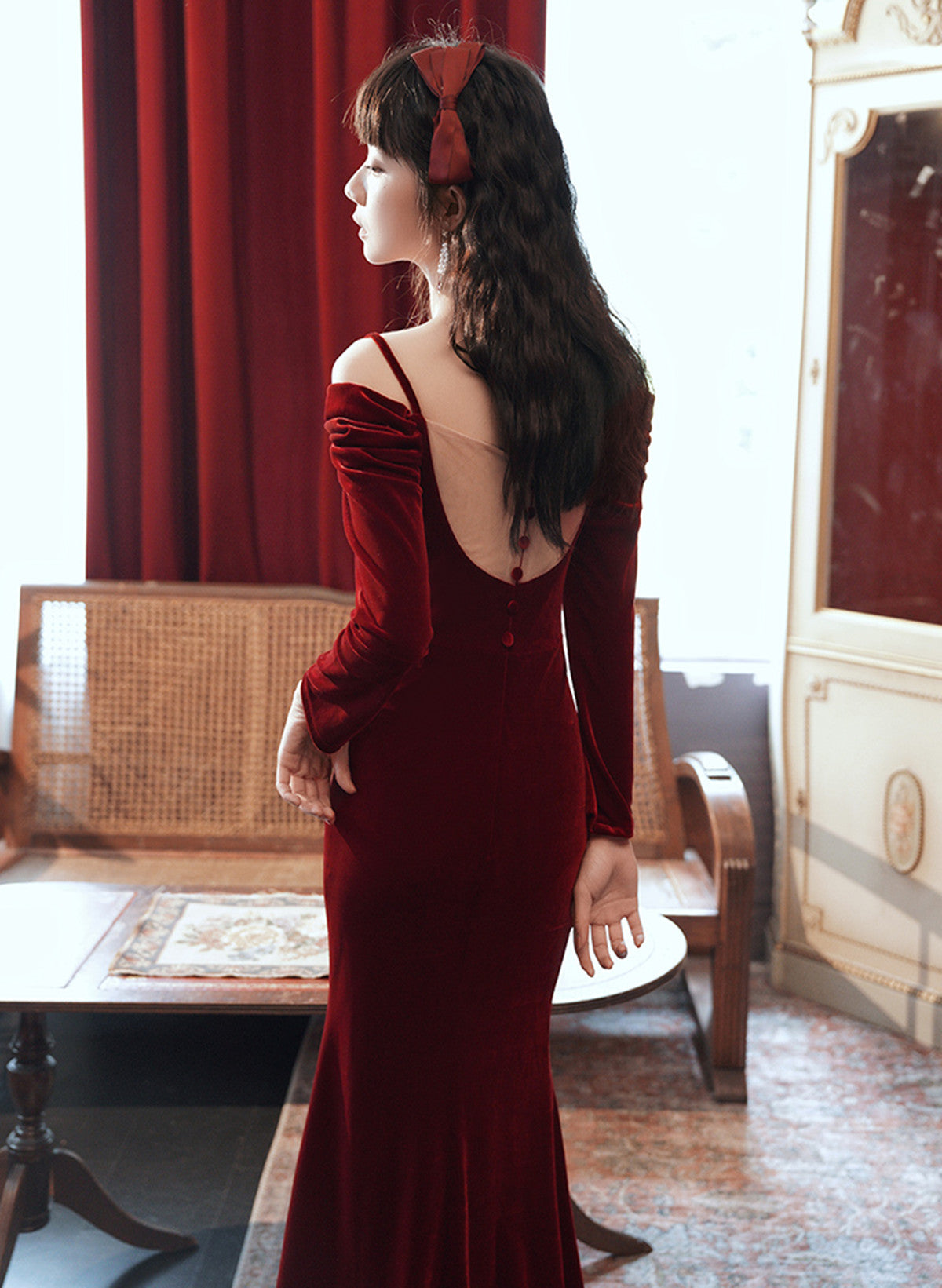 Beautiful Wine Red Velvet Off Shoulder Party Dress, Mermaid Long Prom Dress Evening Dress