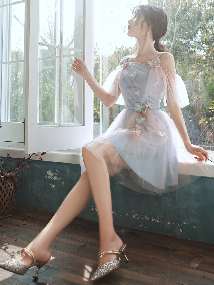 A-line Lovely Pink and Blue Short Tulle Party Dress, Short Homecoming Dress Prom Dress