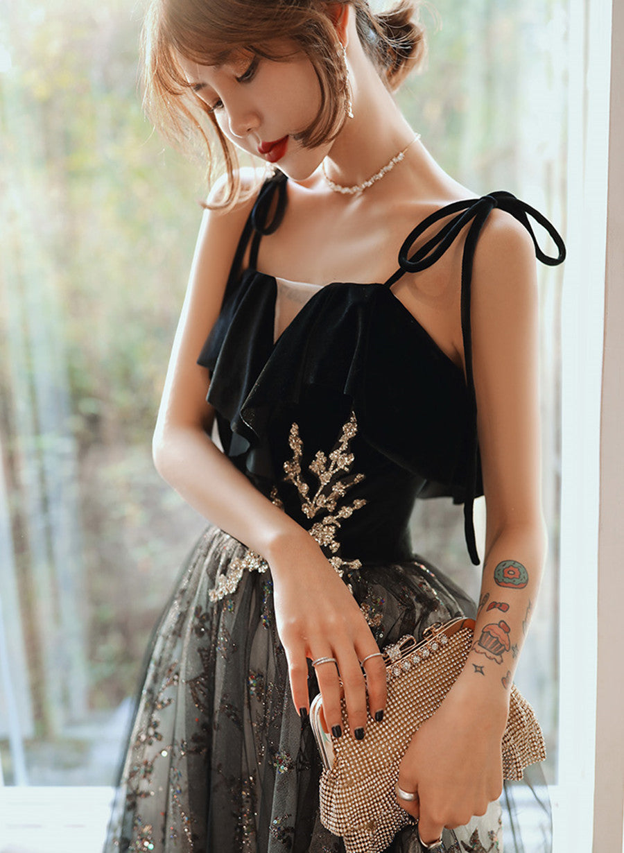 Black A-line Tulle Straps Long Party Dress, A-line Black Formal Dress Prom Dress